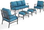 5 Piece Metal Outdoor Patio Furniture Set, Patio Conversation Sets 3-seater Sofa, 2 Fixed Chair, 2 Ottomans with 5.75" Thick Cushion, Black All-weather Frame Backyard Furniture, Blue-2