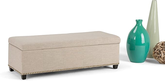 SIMPLIHOME Kingsley 48 inch Wide Transitional Rectangle Large Storage Ottoman in Natural Linen Look Fabric, Assembled, For the Living Room, Entryway and Family Room