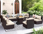 NICESOUL Modern Luxury Outdoor Patio Sectional Furniture Set with Fire Pit Table, Large Size PE Brown Wicker 29.3'' High Back Conversation Set with Natural Gas/Propane Fireplace, 11 Pieces 10 Seats