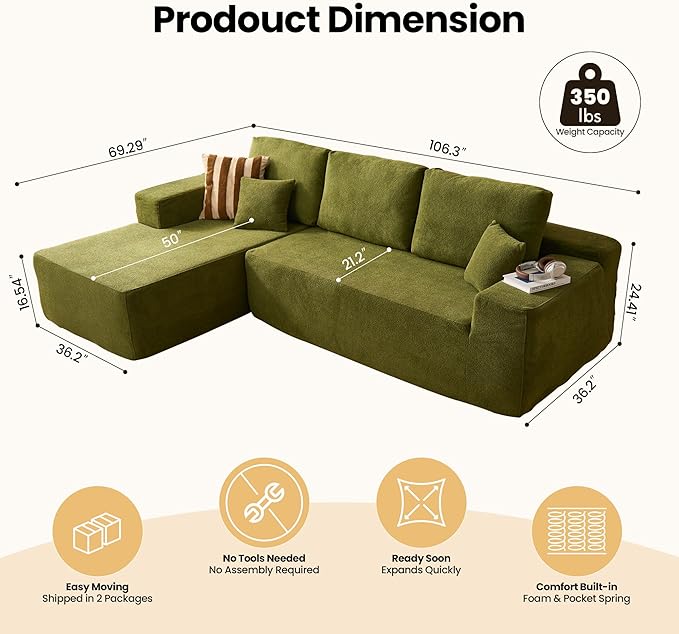 104" Cloud Sectional Couch with Chaise, Boneless L-Shaped Cloud Couch with Deep Seat, Modern Minimalist Sofa, Assembly Free Comfy Sofa for Office Living Room Study Room Apartment(Green, Left Chaise)