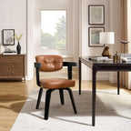 Art Leon Desk Chair No Wheels - Modern Faux Leather Office Chair Mid Century Swivel Desk Chair, Comfy Accent Armchair with Wooden Legs for Small Spaces Home Office Living Room Bedroom Study, Brown