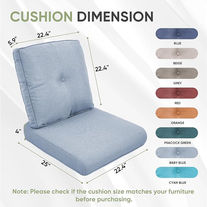 Outdoor Chair Cushion Set of 2, Waterproof Outdoor Seat Cushions 25x22 , Patio Chair Cushions for Outdoor Furniture, Couch Cushion Replacement, Include 2 Back & 2 Seat Cushions, Button/BabyBlue