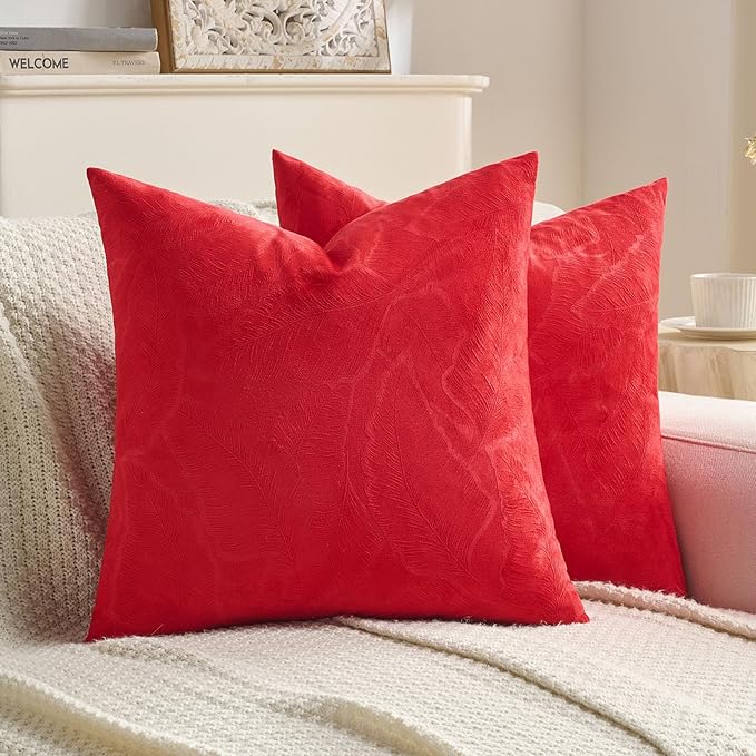 FUTEI Christmas Red Velvet Throw Pillow Covers 16x16 Inch Set of 2,Soft Embossed Leaf-Relief Textured Cushion Cases,Natural Home Decor for Couch Living Room