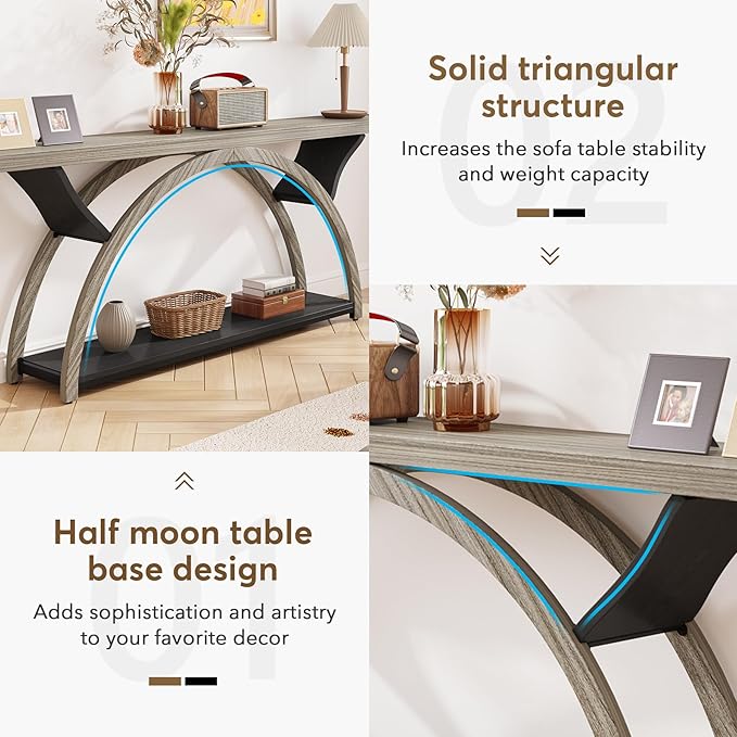 Tribesigns 70.87" Console Table with Storage Shelf, Narrow Long Sofa Table Behind Couch Table, 2-Tier Rustic Entryway Table with Half Moon Frame for Hallway Living Room, Gray & Black (Gray & Black)