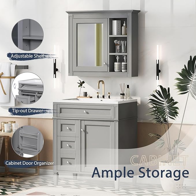 30" Bathroom Vanity with Matching Medicine Cabinet, Modern Sink Storage Cabinet with Drawers, Soft Closing Doors and Shelf, Bathroom Vanities with Sink & Mirror