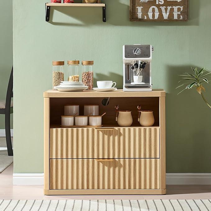 LEYAOYAO 31" Wide Fluted Nightstand with Charging Station, Oversized Extra Large 2 Drawers Night Stand,Natural Wood Bedside Table,Tall Bed Side End Tables,Modern Chest of Drawers Dressers for Bedroom