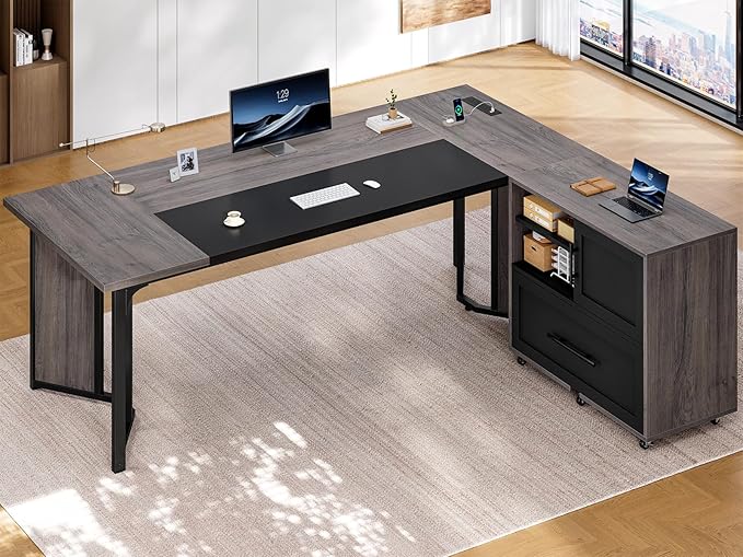 63" Executive Desk with Mobile File Cabinet, Large Office Desk with Drawer, Modern L Shaped Desk with Power Outlets, Storage Shelves, Corner Computer Desk Business Workstation Set (Grey)
