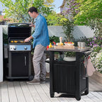 Keter Unity Small 40 Gallon Grill Prep Table and Storage Cart, Grey – BBQ Station with Wheels and Stainless Steel Top, Portable Serving Stand for Patio, Deck, and Backyard