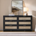 SICOTAS Rattan Dresser for Bedroom, 56.9" Wide 6 Drawer Dresser with Ample Storage, Wooden Dressers Large Chest of Drawers, Closet, Boho TV Stand for Bedroom (Black Oak, 1 Piece)