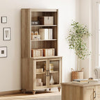 WAMPAT 5 Tier Bookshelf 72" Tall Bookcase with Glass Doors,Large Farmhouse Display Book Shelf with Adjustable Shelves and Storage Cabinet，Library Wood Bookshelves for Living Room,Kitchen, Oak