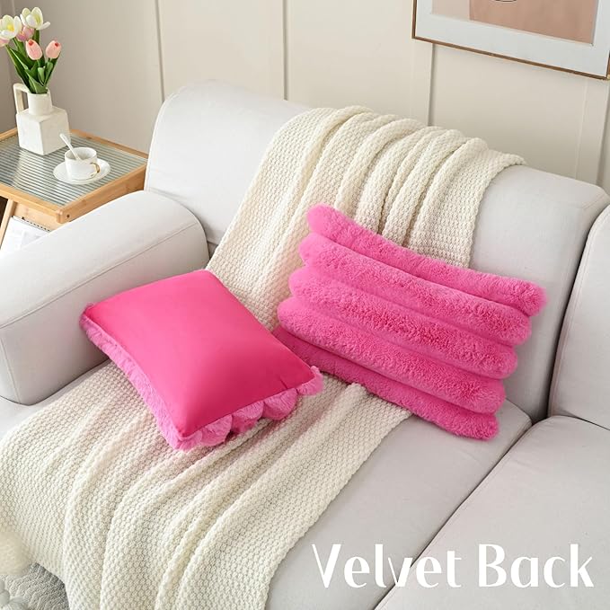 FUTEI Hot Pink Decorative Throw Pillow Covers 12x20 Inch Set of 2, Square Soft Faux Rabbit Fur Thick Striped Lumbar Pillow Case,Winter Home Decor for Couch Bed Living Room