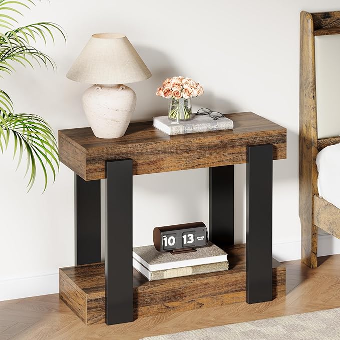 Tribesigns Narrow End Table Set of 2, 2-Tier Farmhouse Side Table with Storage Shelf for Living Room, Rectangular Night Stand and Bedside Tables for Bedroom, Brown