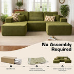 106" Cloud Sectional Couch with L-Shape Chaise & Ottoman, No Assembly Modular Sofa, Deep Seat Corduroy Boneless Couched for Living Room (Green Cloudy Velvet, Left Facing Chaise with Ottoman)