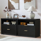 LEYAOYAO 31" Wide Fluted Night Stand Set of 2 with Charging Station, Oversized Extra Large 2 Drawers Nightstand,Black Wood Bedside Table,Tall End Tables,Modern Chest of Drawers Dressers for Bedroom