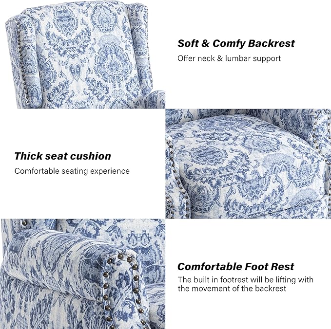 Pushback Recliner Chair, Floral Fabric Wingback Recliner Chair, Upholstered Armchair Push Back Recliner, Rivet Trim Single Sofa Accent Chair with Wood Legs for Living Room, Navy