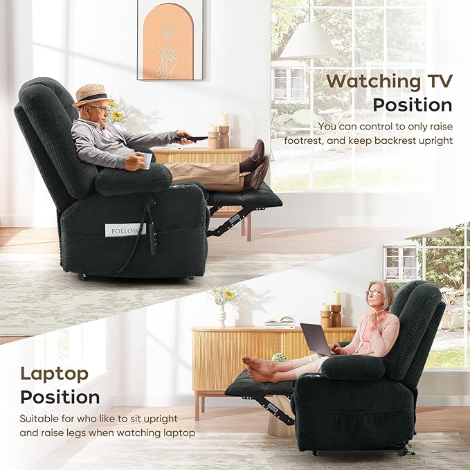 ABCASA Oversized Dual Motor Lay Flat Power Lift Recliner Chair, Massage Recliner Chairs with Heat, Lumbar Pillow, USB & Type-C Ports, Oversized Recliner for Big & Elderly People for Living Room - Grey