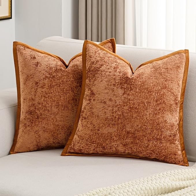 FUTEI Rust Chenille Throw Pillow Covers 20x20 Inch Set of 2,Soft Cozy Bound Edge Design Cushion Case,Home Decor for Couch Bed Living Room
