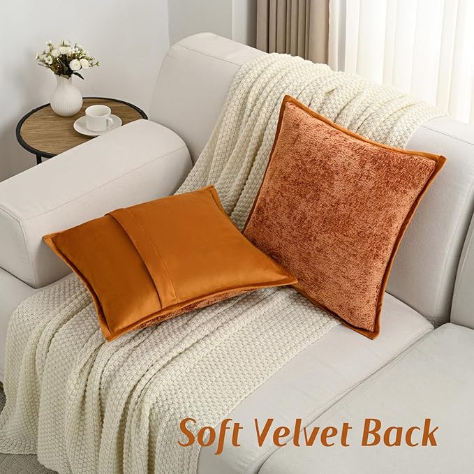 FUTEI Rust Chenille Throw Pillow Covers 24x24 Inch Set of 2,Soft Cozy Bound Edge Design European Cushion Cover,Home Decor for Couch Bed Living Room