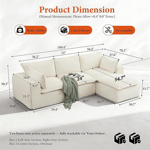 108" Sectional Couches for Living Room Boneless Couch Upholstered Cloud Couch Sectional Modular Sectional Sofa with L Shaped (Corduroy-White, 3 Seat+1 Ottoman)