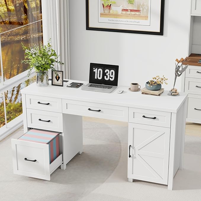 Farmhouse 61'' Executive Desk with 5 Drawers, Rustic Office Desk Computer Desk with Charging Station, File Drawers and Storage Cabinet, Wood Workstation for Study and Home Office,(Cream White.)