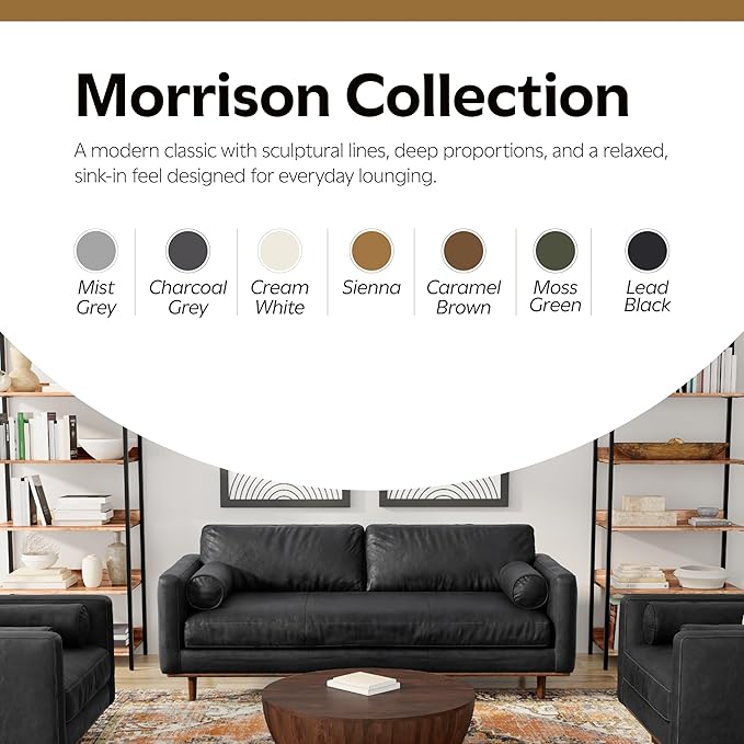 SIMPLIHOME Morrison 89-inch Wide Sofa in Lead Black Genuine Leather, Mid-Century Modern Design Couch for Living Room, Single Bench Cushion, 2 Back Cushions, 2 Bolster Pillows