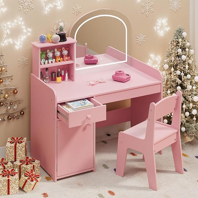 Gizoon Kids Vanity Desk with Mirror and Lights, Todder Vanity Table and Chair Set with 2 Tier Open Shelves Drawer and Cabinet, Kids Makeup Vanity for Little Girl, Pink
