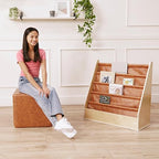 Factory Direct Partners Rustic Kid Birch Sling Book Display; Distressed Faux Leather 4-Shelf Storage for Books or Magazines; Furniture for Bedroom, Playroom, Daycare, Classroom - Hazelnut, 13745-322