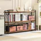HCHQHS Bookshelf, 3-Tier Long Industrial Bookcase, Rustic Open Book Shelf, Freestanding Horizontal Bookshelves with Metal Frame