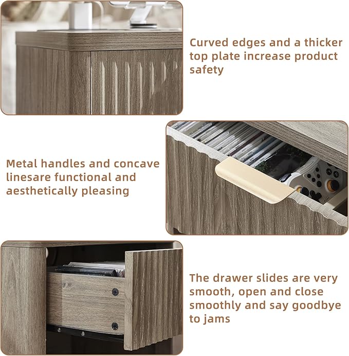 LEYAOYAO Fluted Farmhouse Nightstand Set of 2 with Charging Station, 23" Wide 1 Drawers End Table,Grey Dresser for Bedroom,Bed Side Table Chest of Drawers Cabinet,Wood Night Stand for Living Room