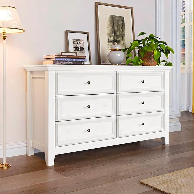 White Dresser for Bedroom 6 Drawers Dresser - 47.2" Wide 6 Chest of Drawers Storage Double Cabinet as Bedfoot Organizer & Wardrobe Cabinet