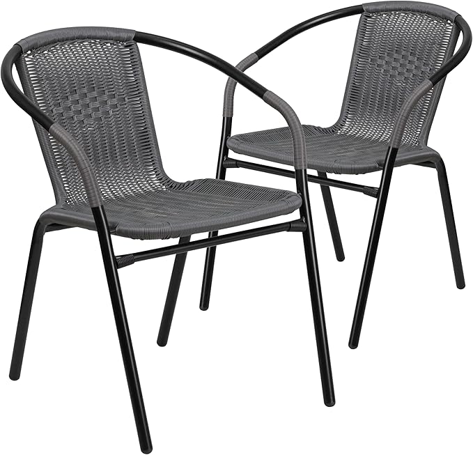 EMMA + OLIVER Set of 2 Modern Rattan Indoor/Outdoor Stack Chairs, Stacking Rattan Patio Chairs with Curved Back and Cross Bracing, Gray