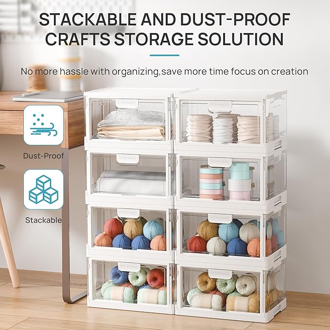 Vtopmart 4 Pack Clear Stackable Storage Bins with Lids 24QT, Foldable Storage Boxes with Doors Open Front, Plastic Containers for Closet, Craft, Toys, Pantry Organization
