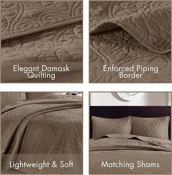 Madison Park Quebec Reversible Damask Design, Double Sided Quilting All Season, Lightweight Coverlet Bedspread Bedding Set, Matching-Shams, King(120"x118"), Mocha