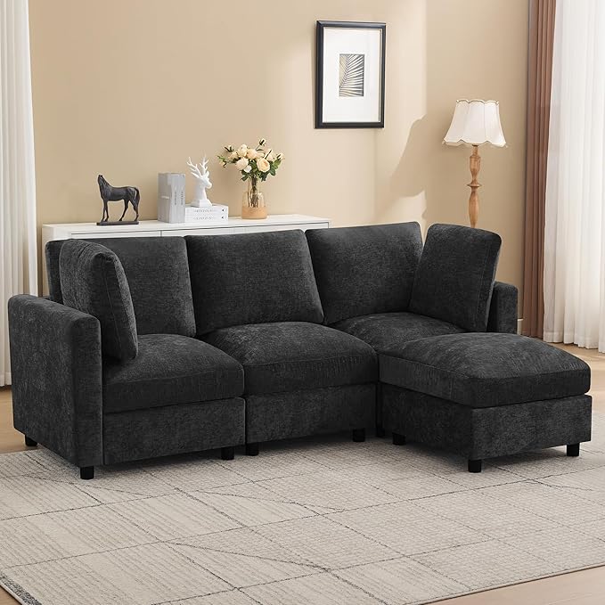 3-Seater Modular Sectional Cloud Sofa with Ottoman, L-Shaped Couch for Living Room, Modern Convertible Deep Seats Sofa, Chenille Dark Grey