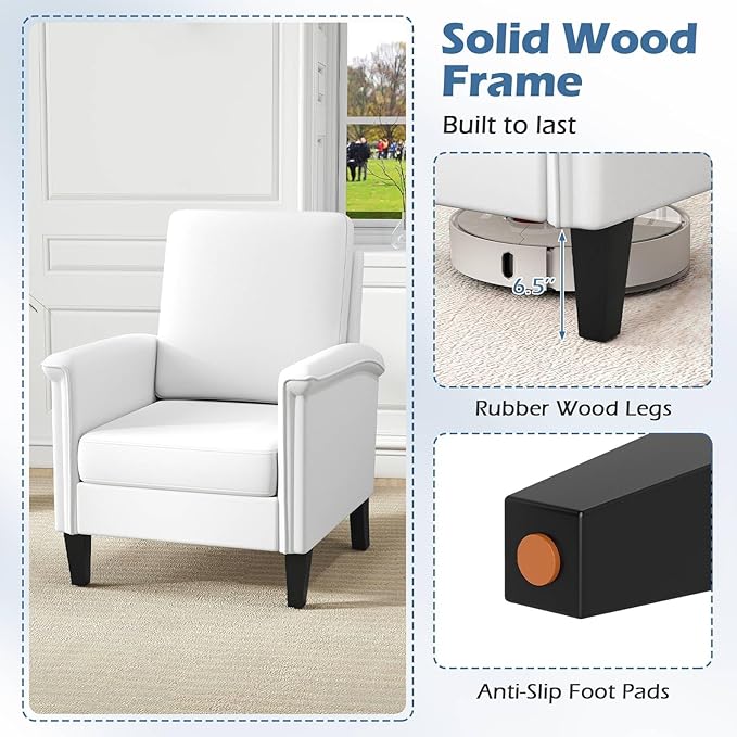 GOFLAME Modern Accent Chair, Comfy Upholstered Armchair with Rubber Wood Legs and Thick Padded Cushion, High Back Single Sofa Chair, Reading Side Chair for Living Room, Bedroom, White