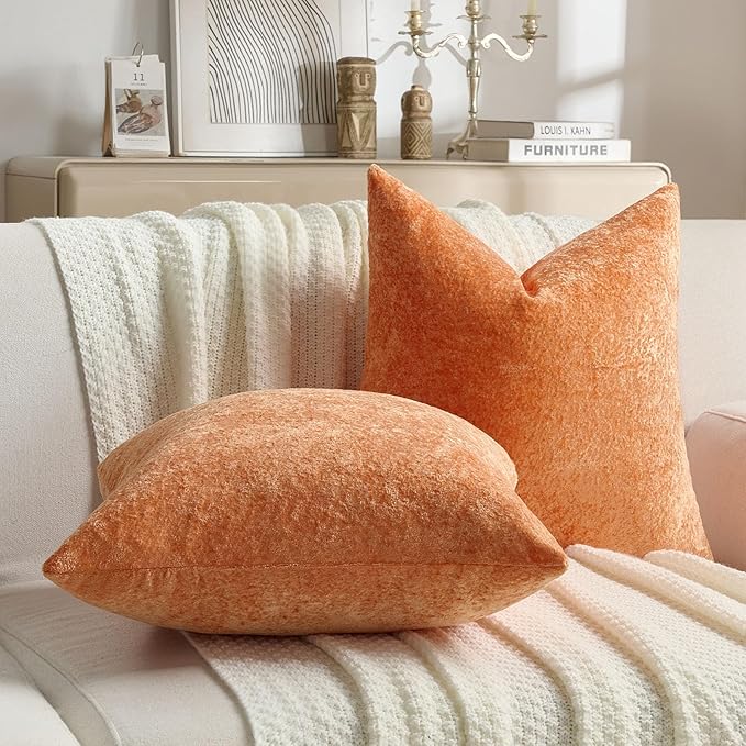 FUTEI Orange Flannel Throw Pillow Covers 22x22 Inch Set of 2,Soft Dimensional Textured Cushion Cases,Modern Home Decor for Couch Living Room