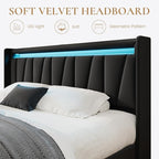 SHA CERLIN King Size Bed Frame with Charging Station and LED Lights, Modern Velvet Platform Bed with Upholstered Geometric Wingback Headboard, No Box Spring Needed, Easy Assembly, Black