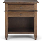 SIMPLIHOME Carlton Bedside Table - 24 inch Wide Solid Wood Nightstand Table in Rustic Natural Aged Brown, Transitional Bedroom Side or End Table with 2 Drawers, Open Storage Shelf and Bronze Hardware