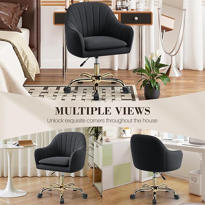 Comfy Home Office Desk Chairs Vanity Chair with Wheels Adjustable Modern Velvet Makeup Vanity Chairs for Bedroom Living Room（Black）