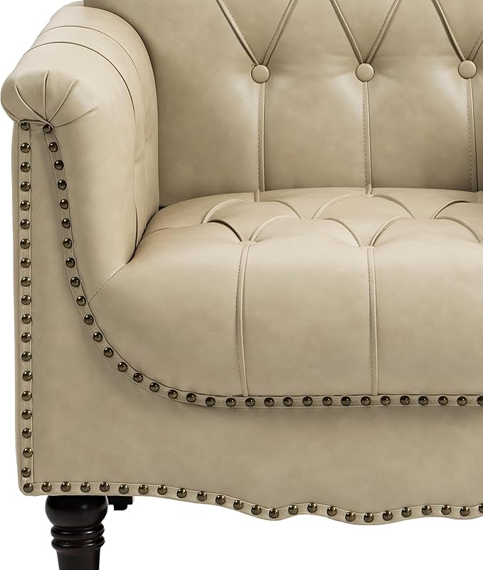 UIXE Faux Leather Accent Chairs Set of 2, Comfy Club Chair Upholstered Armchair for Living Room, Button Tufted Arm Chair Retro Single Sofa Side Reding Seat for Bedroom - Beige