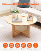 VEVOR Rattan Coffee Table, Round Woven With Rubber Wood Top, 33 in Modern Boho Circular Storage Table With Natural Legs, for Living Room, Bedroom & Small Spaces