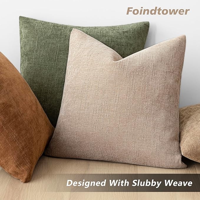 Foindtower Set of 2 Soft Textured Chenille Throw Decorative Pillow Covers Square Accent Solid Cushion Cover Cozy Neutral Farmhouse Pillow Case for Couch Sofa Bedroom Living Room 26x26 Inch,Cream Camel