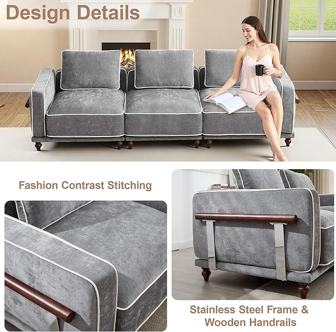 112" Cloud Modular Sectional Sofa,Oversized Deep 3 Seater Couch with Armrests Wooden Legs,Comfy Thicked Cushion Upholstered Sofa for Living Room Bedroom,Light Grey