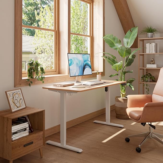 FEZIBO One-Piece Standing Desk Adjustable Height Stand up Home Office Desk, 55x24 Inch Electric Standing Computer Desk, with 4 Memory Presets, Headphone Hook, Light Rustic