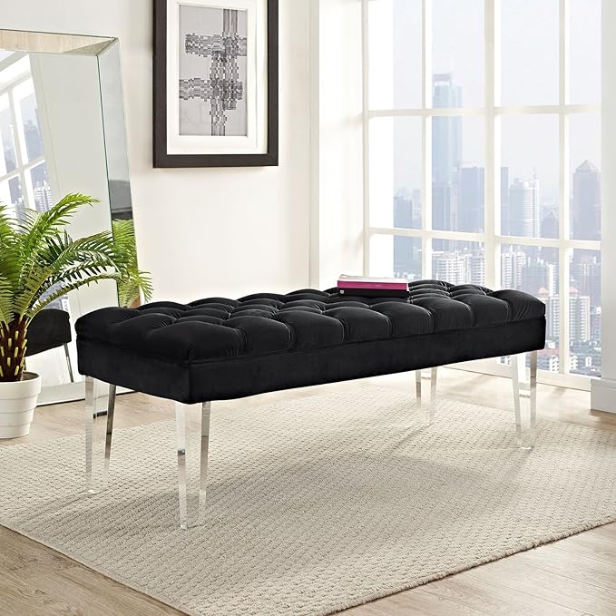 Modway Valet Tufted Button Performance Velvet Upholstered Bedroom Or Entryway Bench with Acrylic Legs in Black