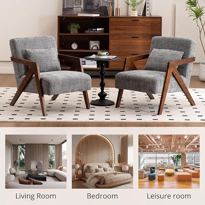 Mid-Century Modern Accent Chair with Solid Wood Frame，Upholstered Chenille Living Room Arm Chairs with Pillow for Bedroom, Living Room, Reading Room, Balcony, Grey