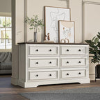 Farmhouse 6 Drawer Dresser for Bedroom, 54" Wide Wood Dresser with Natural Texture, Rustic Chest of Drawers for Bedroom with Vintage Metal Hands, for Living Room, Hallway, Antique White