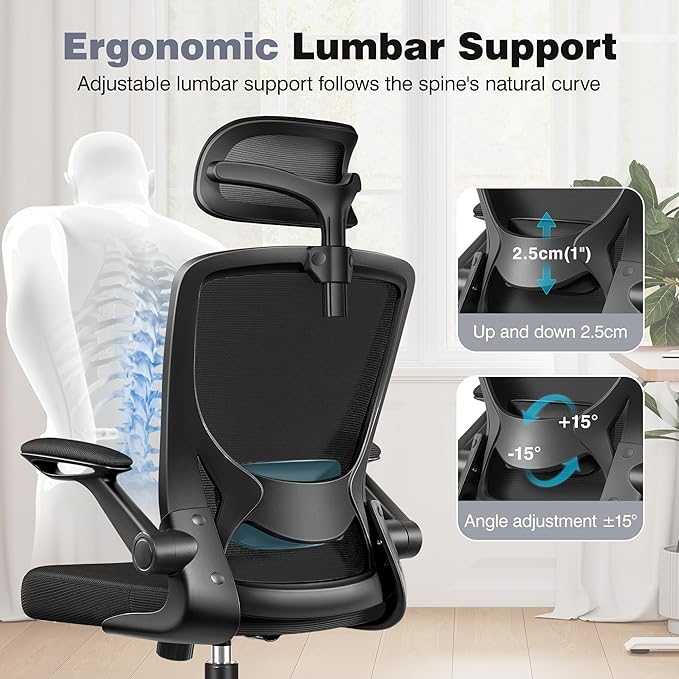 Ergonomic Office Chair, High Back Mesh Desk Chair with Lumbar Support, Flip-up Armrests, Adjustable Headrest, Computer Gaming Chairs for Long Hours, Black