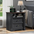 Yaamizz Farmhouse Nightstands with Charging Station, Table with Drawer and Storage Shelf, Wood Pilasters and Metal Handles, Vintage Design, Organizer for Bedroom, Hallway, Black