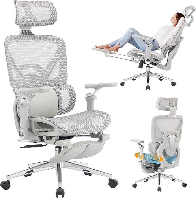 MOJAY High-Back Ergonomic Mesh Office Chair, Modern Executive Desk Chair with 6D Armrests Computer Task Chair (Grey Mesh 3-Zone Lumbar Support)